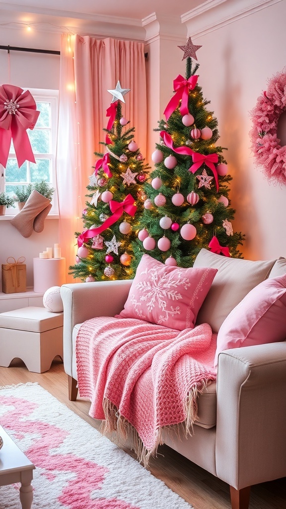 A cozy Christmas living room decorated with pink ornaments, a pink wreath, and soft textiles.